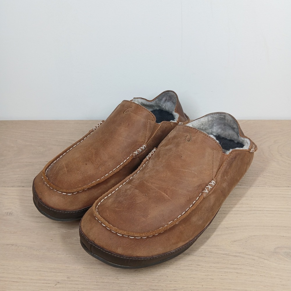 Olukai Moloa Slippers Men 11 Brown Leather Shearling Lined Moc Toe Comfort